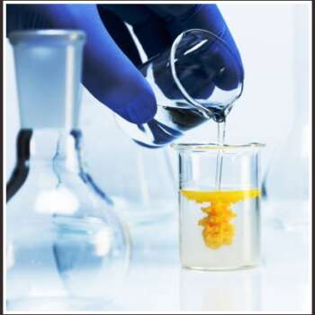 Two clear liquids are mixed to produce a yellow precipitate